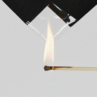 Ein Streichholz wird unter ein Stück Zeltstoff mit PVC-Fenster gehalten, hellgrauer Hintergrund