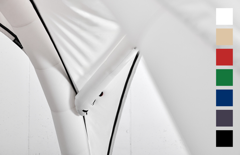 Die 7 Farboptionen für aufblasbare Zelte von Aerise sind neben der Zeltstruktur dargestellt.